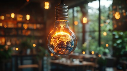 A light bulb containing a glowing Earth, set in a cozy, plant-filled caf? environment.