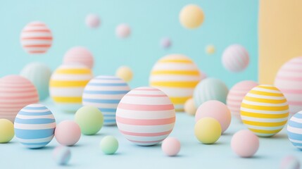 Fototapeta premium Pastel striped spheres levitate on blue background, colorful design