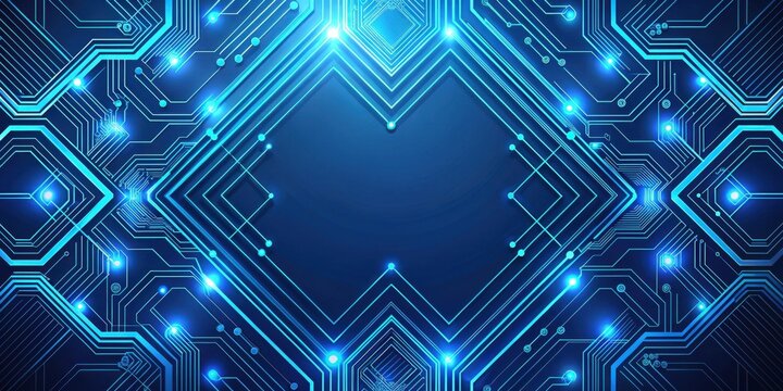 Geometric neon circuitry against a deep blue gradient background