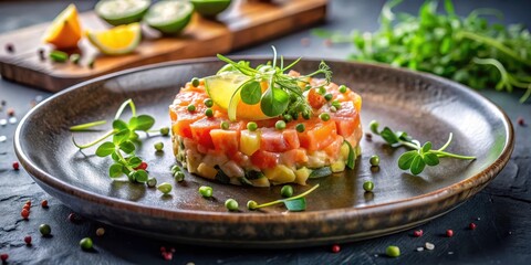 Elegant presentation of raw fish tartare on a dark ceramic dish surrounded by delicate microgreens and citrus slices, creating a visually appealing composition , tartare, microgreens