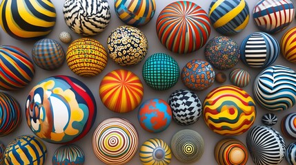 Obraz premium Colorful patterned spheres on grey background, overhead view, graphic design element