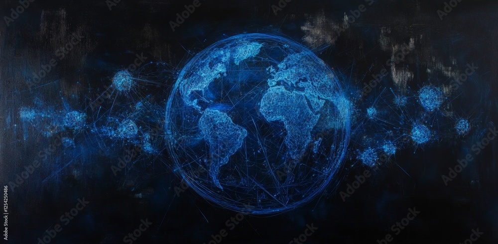 Poster global network connection, dark background, digital earth, data clusters
