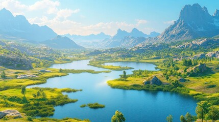 Fototapeta premium Scenic mountain lake valley, vibrant landscape, serene beauty, perfect for wallpaper