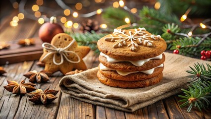 Cozy Gingerbread Cookie Sandwich on Rustic Wooden Table , baked goods