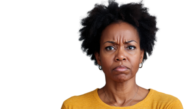 Serious black woman frowning and showing displeasure on transparent background