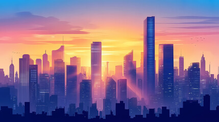 Fototapeta premium Majestic cityscape with dramatic sky and metallic skyscrapers at sunset. Underground Skyscrapers. Illustration