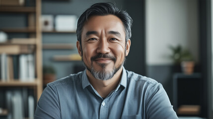 Obraz premium Confident Middle-Aged Asian Male Teacher Smiling in a Modern Classroom with Bookshelves and a Whiteboard, Creating a Positive and Supportive Learning Atmosphere for Students