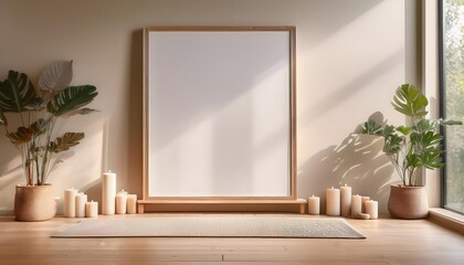Blank pictures frame mockup wall art posters in cozy light beige yoga studio room interior