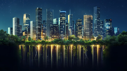 Naklejka premium Modern city skyline with illuminated office buildings and greenery at night. Underground Skyscrapers. Illustration