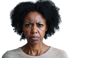 Serious black woman frowning with transparent background