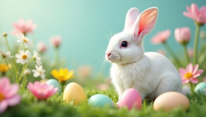 White bunny sits amidst pastel eggs and blooming wildflowers, spring, eggs, meadow