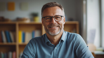 Fototapeta premium Confident Middle-Aged Caucasian Male Teacher Smiling in a Modern Classroom with Bookshelves in the Background, Creating a Positive and Engaging Educational Atmosphere for Students