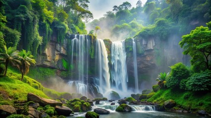 Obraz premium Powerful waterfall cascading down rocky cliffs amidst lush greenery and misty atmosphere, beauty, atmospheric, beauty
