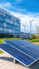 Government facility showcases solar panels and wind turbines for renewable energy efforts