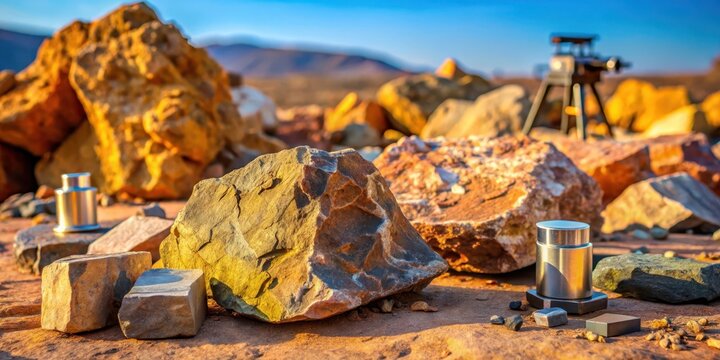 Ancient rocks exposed at surface with radiometric dating equipment and samples