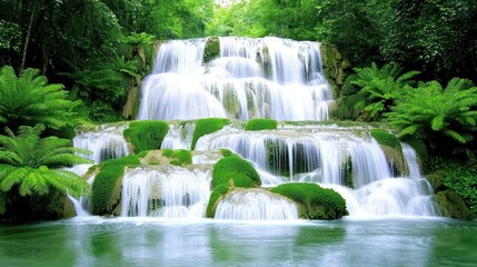 Obraz premium Serene Waterfall Cascading Through Lush Green Forest