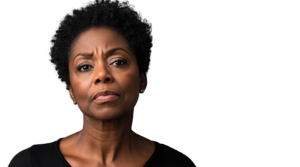 Serious black woman with short hair showing displeasure on transparent background