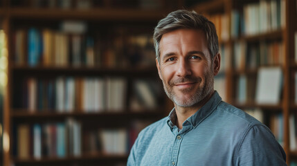 Friendly Middle-Aged Caucasian Male Teacher Smiling in a Bright Classroom with Bookshelves and Educational Posters, Creating a Warm and Supportive Learning Environment for Students