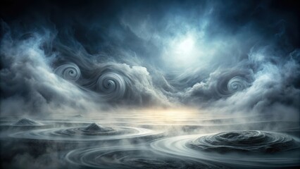 Fototapeta premium Heavy fog rolling across a dark background, with misty swirls and tendrils of fog stretching out into the distance, mystical
