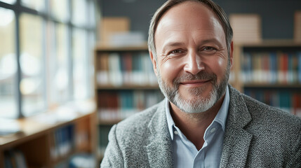 Fototapeta premium Friendly Middle-Aged Caucasian Male Teacher Smiling in a Bright Classroom with Bookshelves and Educational Posters, Creating a Warm and Supportive Learning Environment for Students