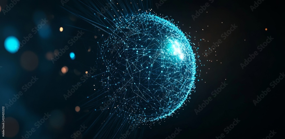 Poster Global network sphere, digital data streams, bokeh background, tech concept