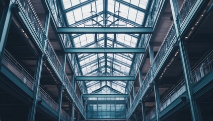 Architectural Marvel: Interior View of a Glass-Roofed Industrial Building