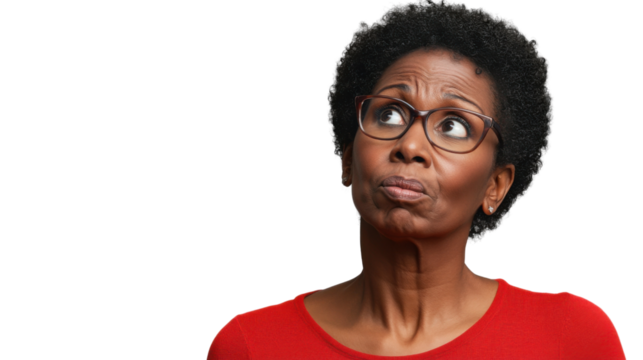 Pensive senior businesswoman looking up on transparent background