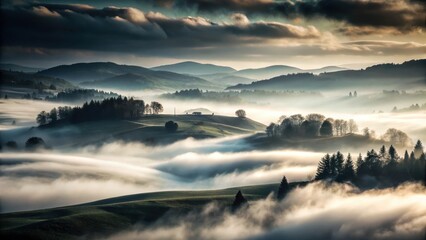 Obraz premium Dense fog swirling on a dark, mysterious background with rolling hills in the distance, isolation, mist, isolation, mist, hazy
