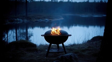 Burning charcoal grill by lake at dusk.
