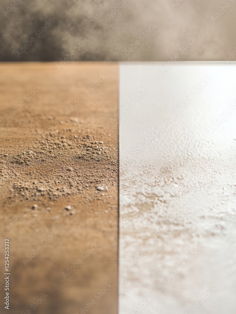 Poster Comparison of dusty furniture surface alongside clean and shiny surface showing a stark difference in cleanliness in a living space. Generative AI