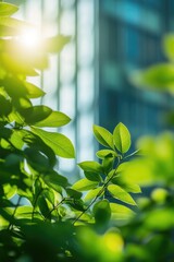 Corporate ESG reporting and nature awareness concept with green elements and business buildings.   for text.