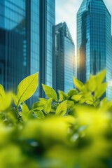 Corporate ESG reporting and nature awareness concept with green elements and business buildings.   for text.