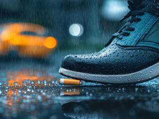 Quitting smoking according to the concept of drug addiction treatment. shoe stepping on cigarette stub in rain, showcasing urban life