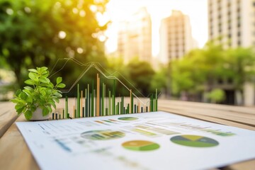 Corporate ESG reporting and nature awareness concept with green elements and business buildings.   for text.
