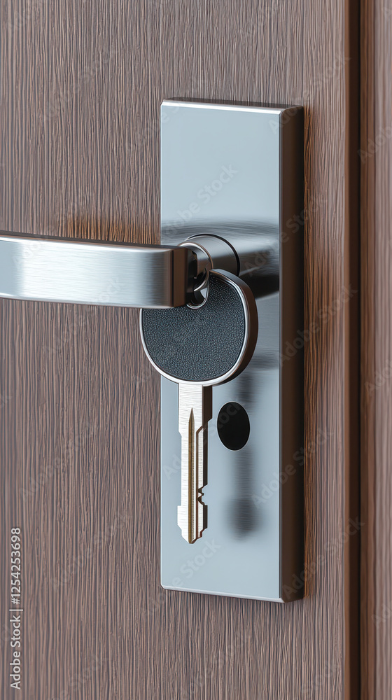 Poster housing property demand concept. modern door lock with key inserted, showcasing sleek design and fun