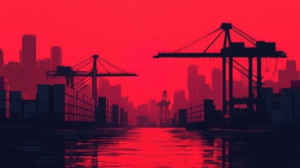 A striking silhouette of cranes against a vibrant red sunset, reflecting on calm waters and surrounded by a city skyline.