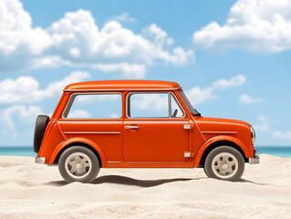 bright orange retro style car parked on sandy beach with clouds