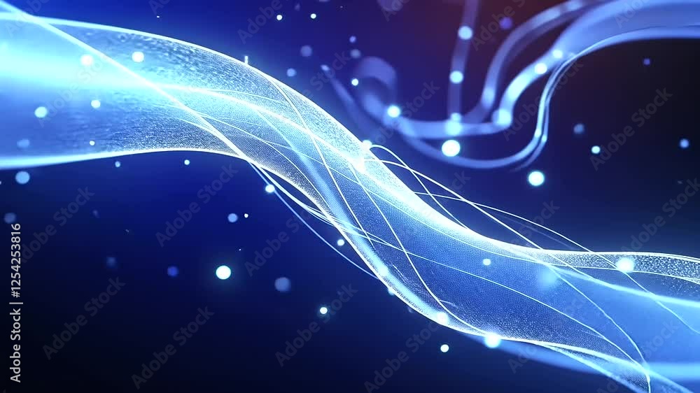 Poster energetic abstract animation featuring intersecting blue and white lines with scattered dots.