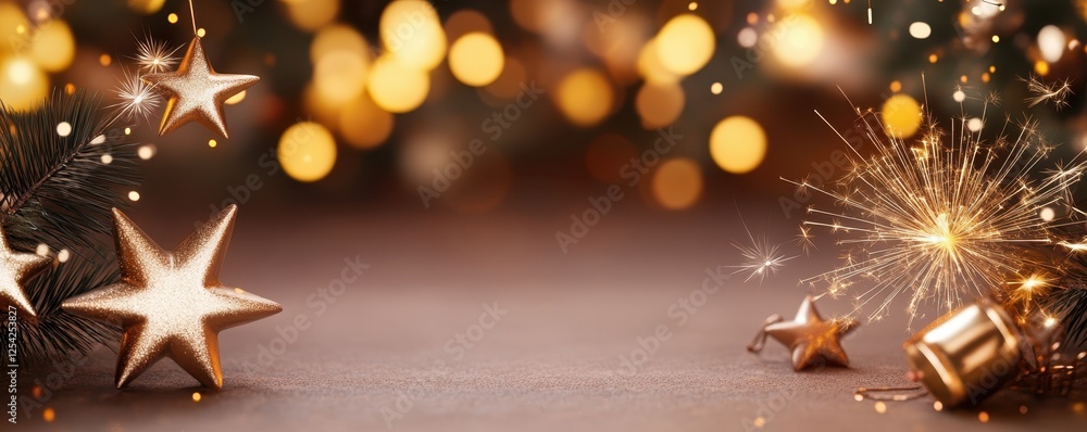 Poster fireworks cheer display concept. sparkling golden stars and bokeh lights creating a festive atmosphe