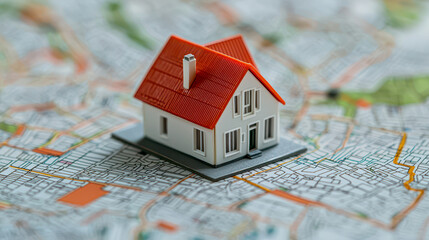 Housing property demand concept. Miniature house model on detailed map, symbolizing real estate planning