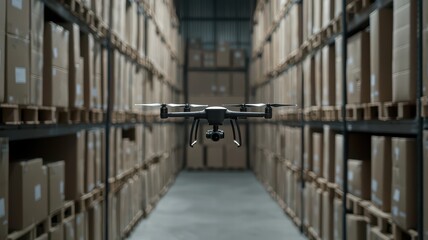 Obraz premium A drone hovers between shelves filled with stacked cardboard boxes in a spacious warehouse.