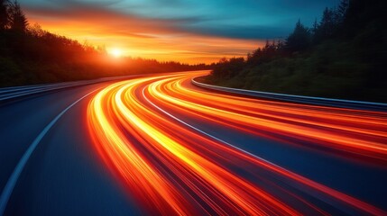 Naklejka premium Dramatic sunset over winding road with vibrant light trails from speeding cars.