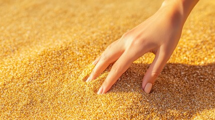 Woman relax on beach with sunset. Hand Gently Touching Soft Golden Sand in Sunlight at a Beach Setting