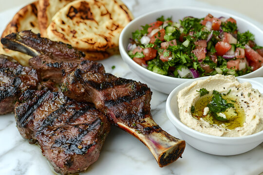 A clean, elegant setup of grilled lamb, salad, and khubz (flatbread) on a white marble table.