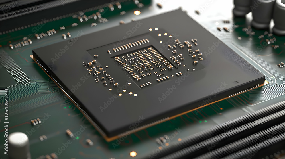 Poster close up of a dark gray computer processor on a green circuit board