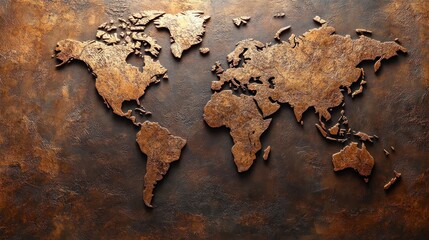 Embossed world map on rustic copper background.
