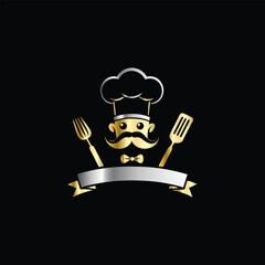 Luxury restaurant emblem with crown, fork and spoon. Vector illustration.