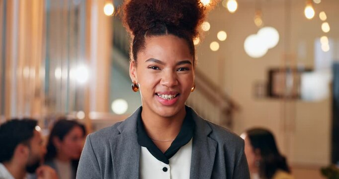 Happy, face and businesswoman in office with pride in career growth for creative project. Smile, portrait and professional female public relations officer with confidence for company development.