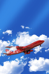 Red Airplane Flying in Blue Sky with Clouds, 3D Render