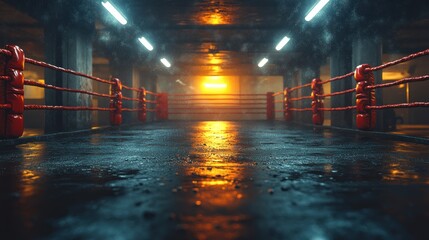 Empty boxing ring in dimly lit underground arena.